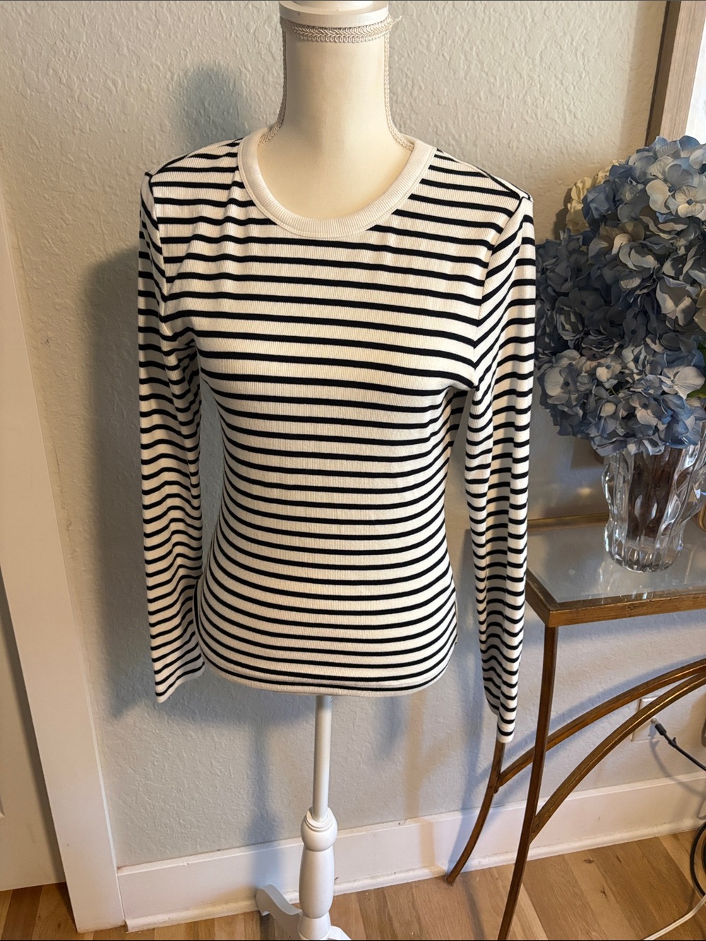 ME+EM Black and White Striped Long Sleeve Crew Top NWOT